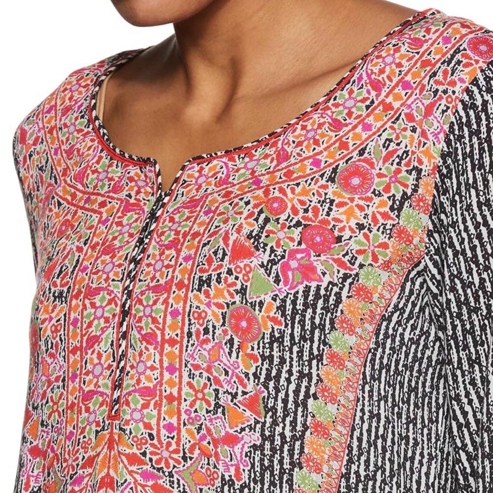 BIBA Abstract Black & White Printed Kurta with Vibrant Floral Neckline - 0194